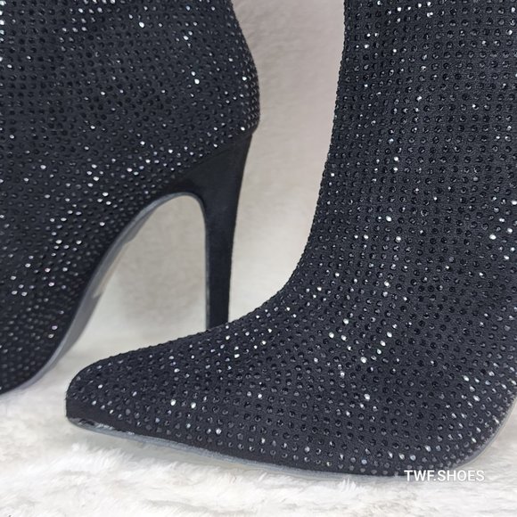 Resolve Sparkling Black Rhinestone High Heel Slouch Calf Boots New Years Bling - Picture 13 of 14